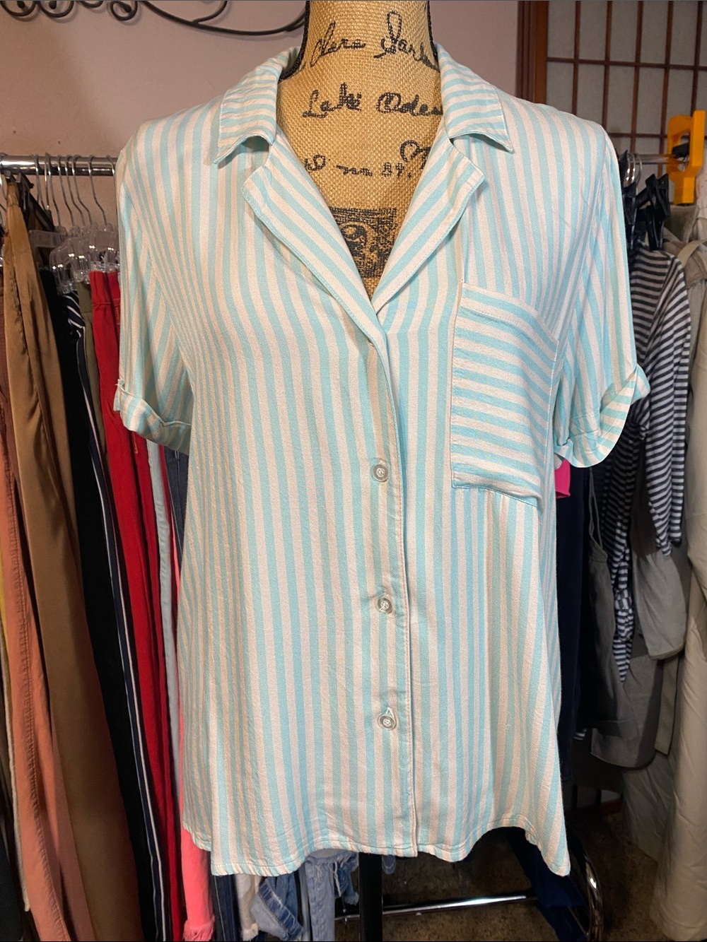 Copper Key Aqua & White Striped Boxy Button Up